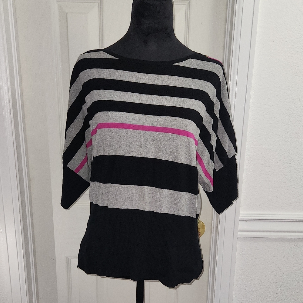 Spense Black and Gray Striped Sweater with Pink Accent